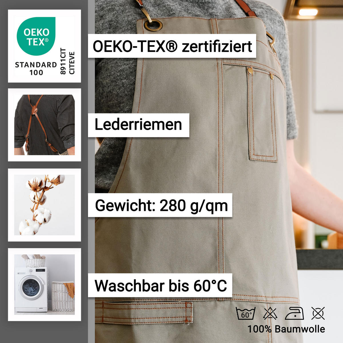 SCHÜRZE , 100% Baumwolle, Grau - Graubraun, Textil (70/95cm) - Zollner