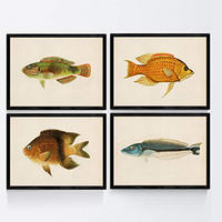 POSTER Set mit 4 Jahrgang Stil Blau, Orange und Grün Fische A4 Rahmenlos - Klar, Papier (29.7/3cm) - Nacnic