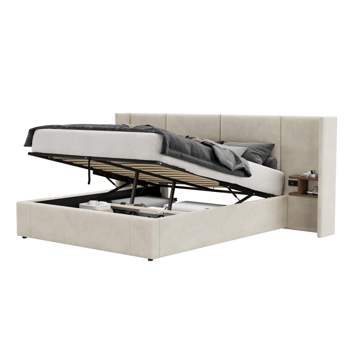 POLSTERBETT 160/200 cm mit USB-A, USB-C, Steckdosen, hydraulischem Stauraum und 2 Nachttischen aus Samt, Beige - Beige, Textil (160/200cm) - Redom