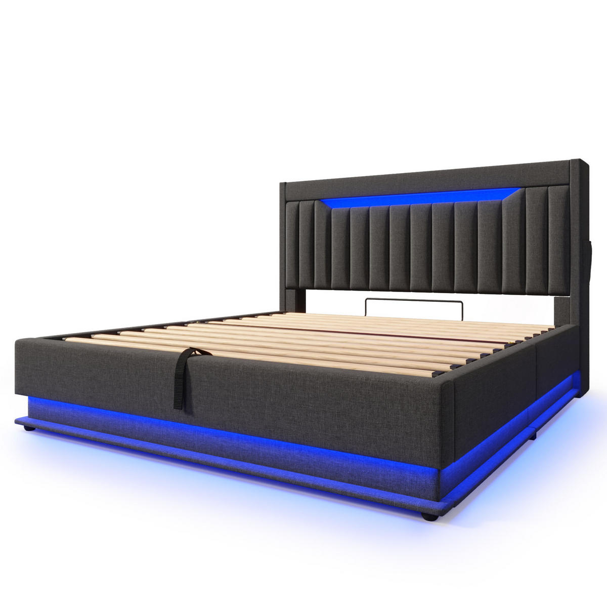 POLSTERBETT mit Stauraum, LED und USB 160x200 cm Leinen Grau - Grau, Metall (160/200cm) - Meubliv