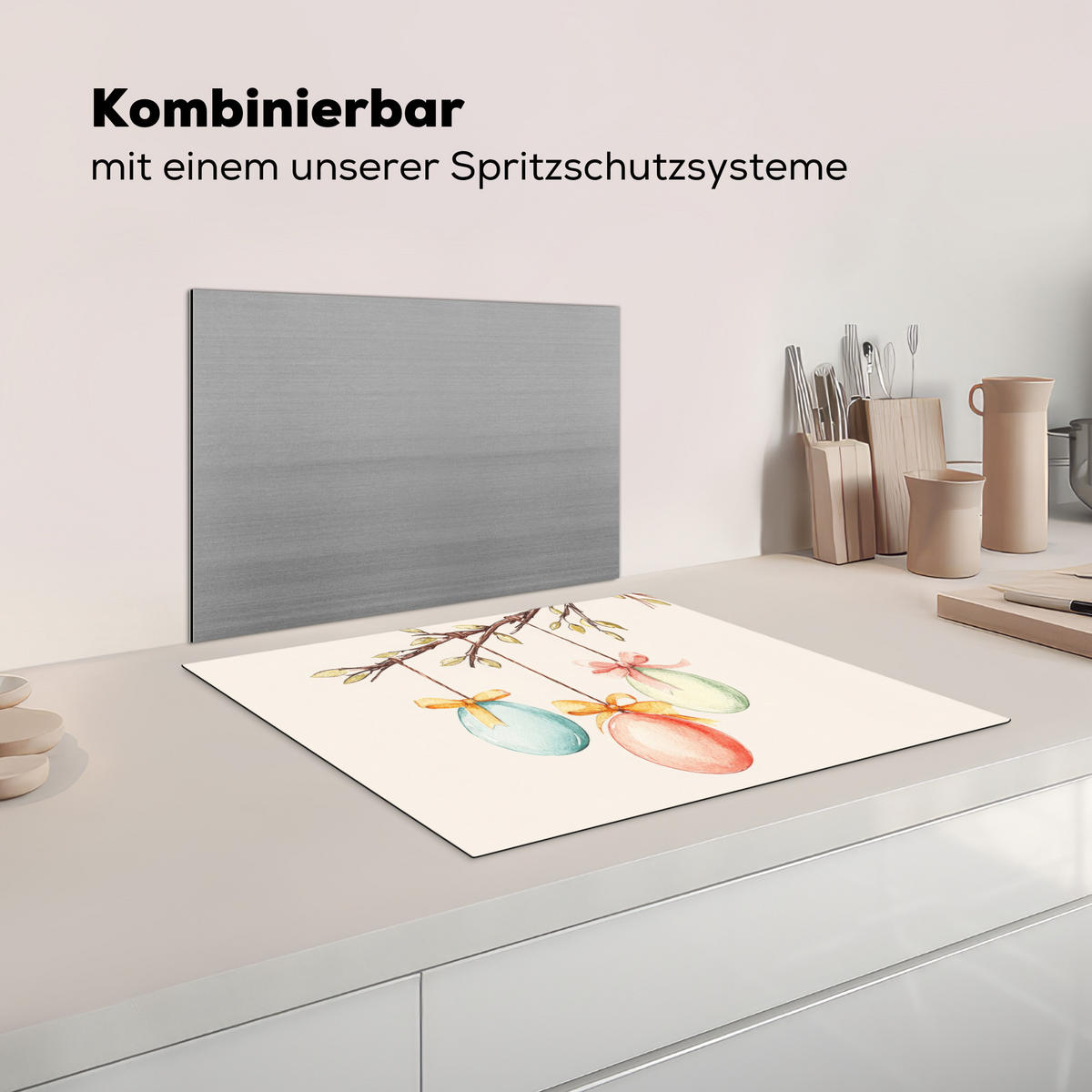 HERDABDECKPLATTE Osterkuchen - Schleife - Eier Herdabdeckung Induktionsfeld 65x52 cm - Creme, Kunststoff (65/52/0.2cm) - MuchoWow