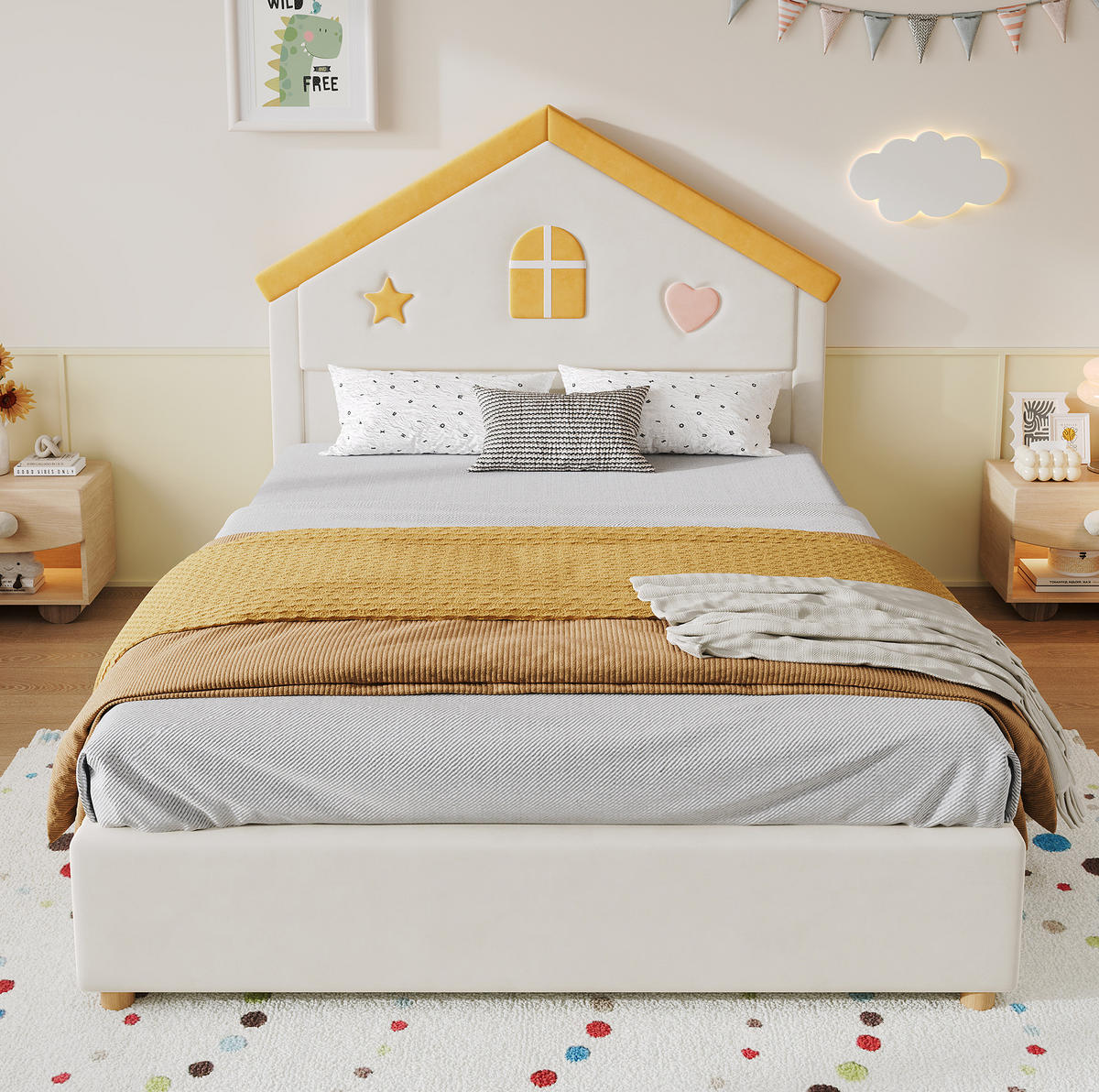 KINDERBETT aus französischem Samt 140x200 cm Beige mit 4 Schubladen und Haus-Kopfteil - Beige, Textil (140/200cm) - Modfu