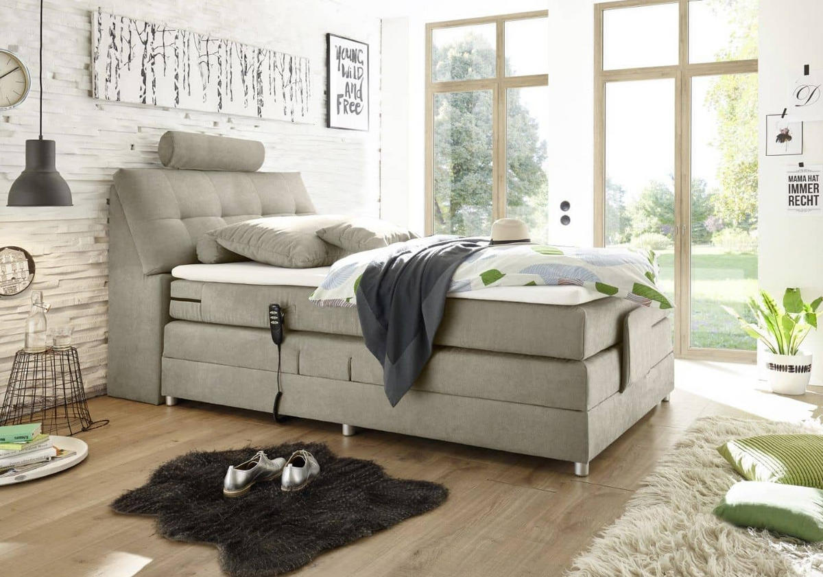 BOXSPRINGBETT inkl. Elektrofunktion, 7-Zonen-Tonnentaschen-Federkernmatratze und Komfort T25 Schaumtopper - Sandfarben/Beige, Holz/Holzwerkstoff (120/200cm) - ed exciting design