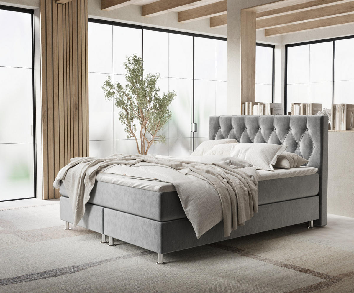 BOXSPRINGBETT Excelsior Grau 180/200 cm mit Latex-Topper - Silberfarben/Grau, Holz/Holzwerkstoff (180/200cm) - Maison de Reve