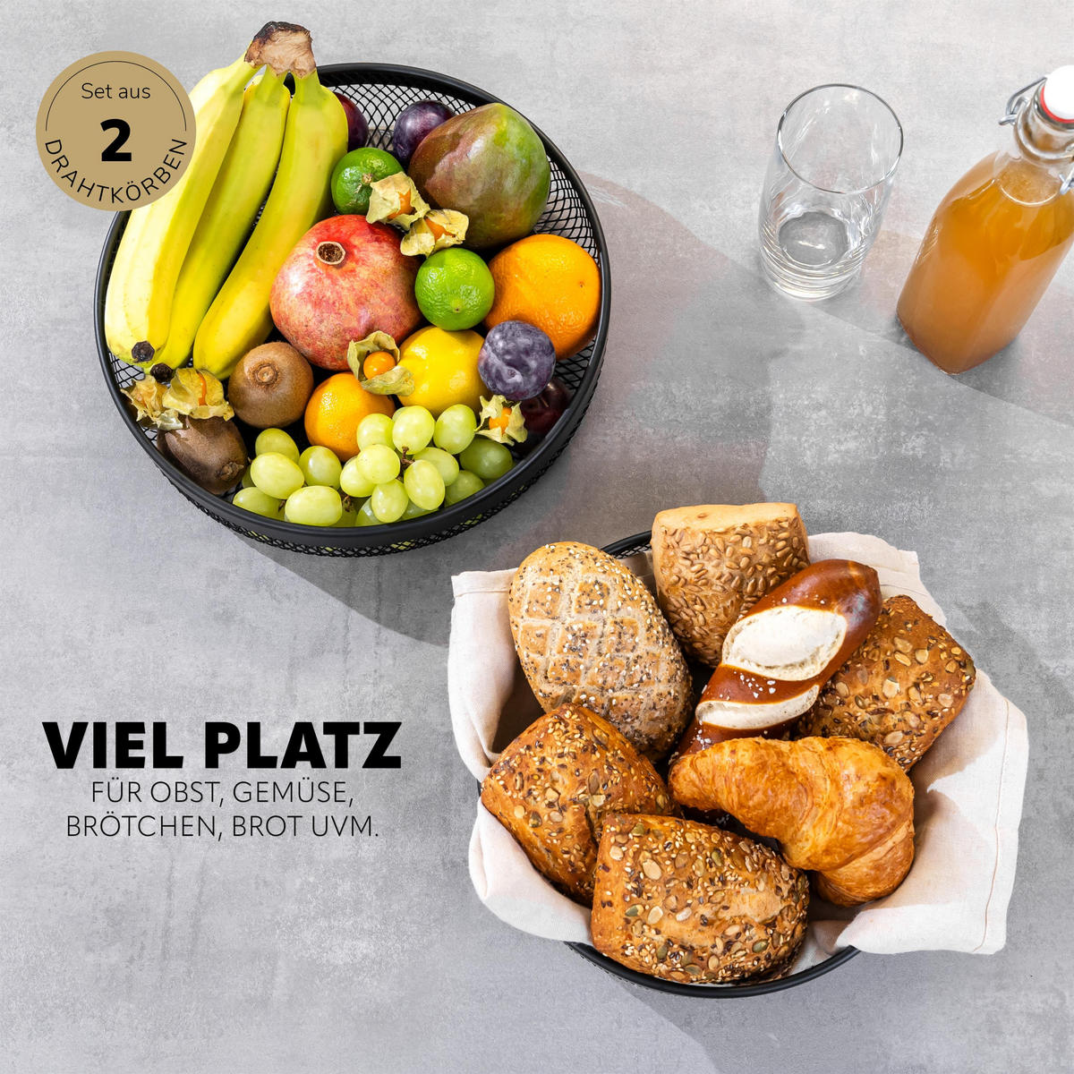 OBSTKORB - BROTKORB 2er Set, runde Obstschale, aus schwarzem Metall - Schwarz, Metall (30/6cm) - eluno