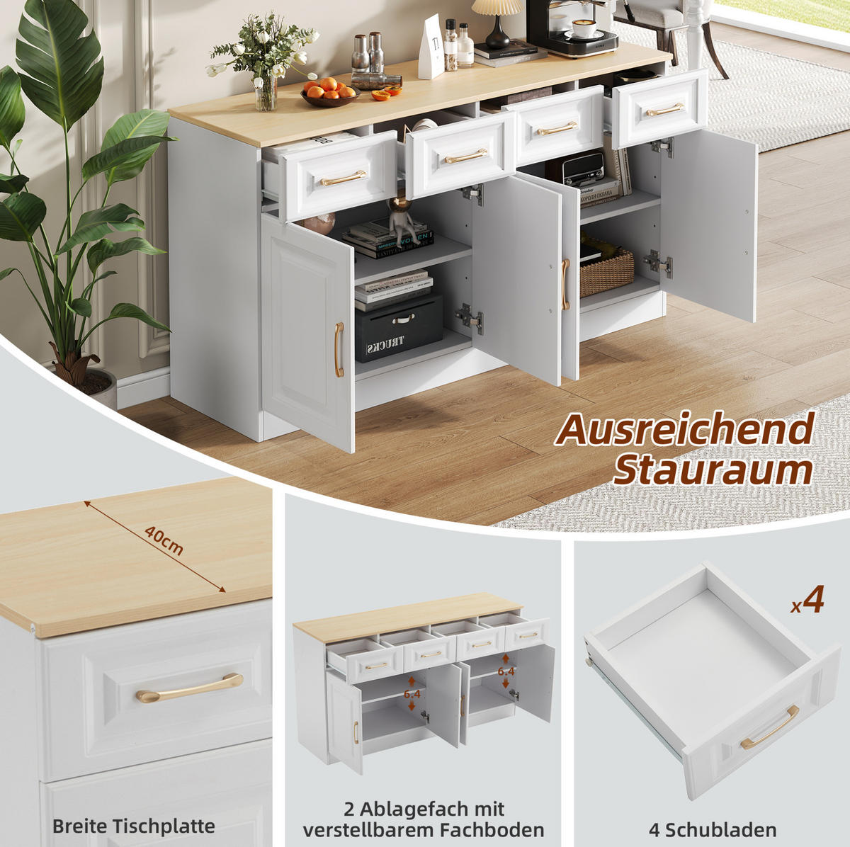 SIDEBOARD 140/40/75 cm mit 4 Schubladen, 4 Türen und verstellbaren Einlegeböden, Weiß/Eiche - Weiß, Holzwerkstoff (140/75/40cm) - Redom