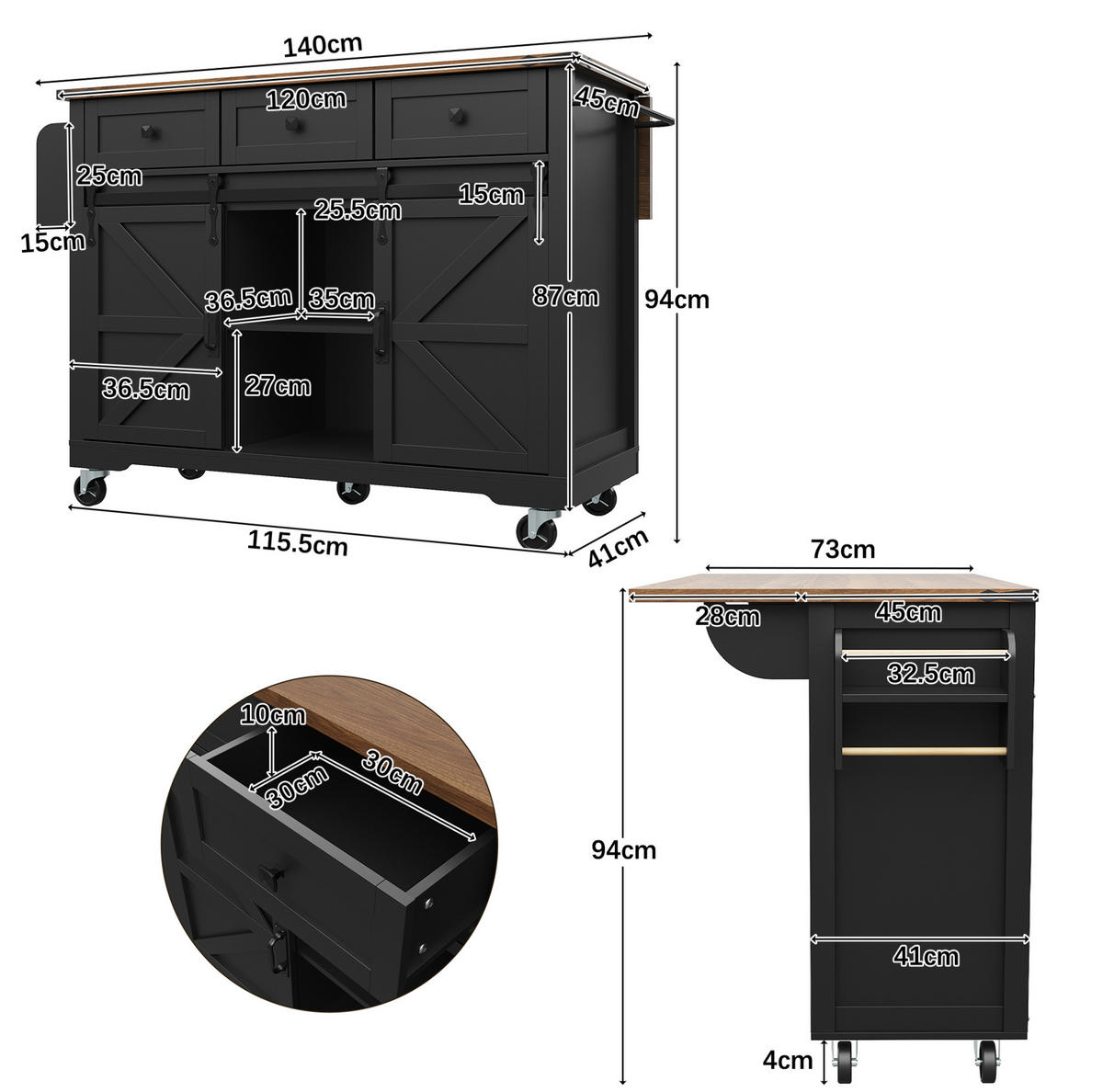 KÜCHENINSEL mit Arbeitsplatte 140 cm Schwarz MDF - Schwarz, Holz (45/94/140cm) - Beauniv