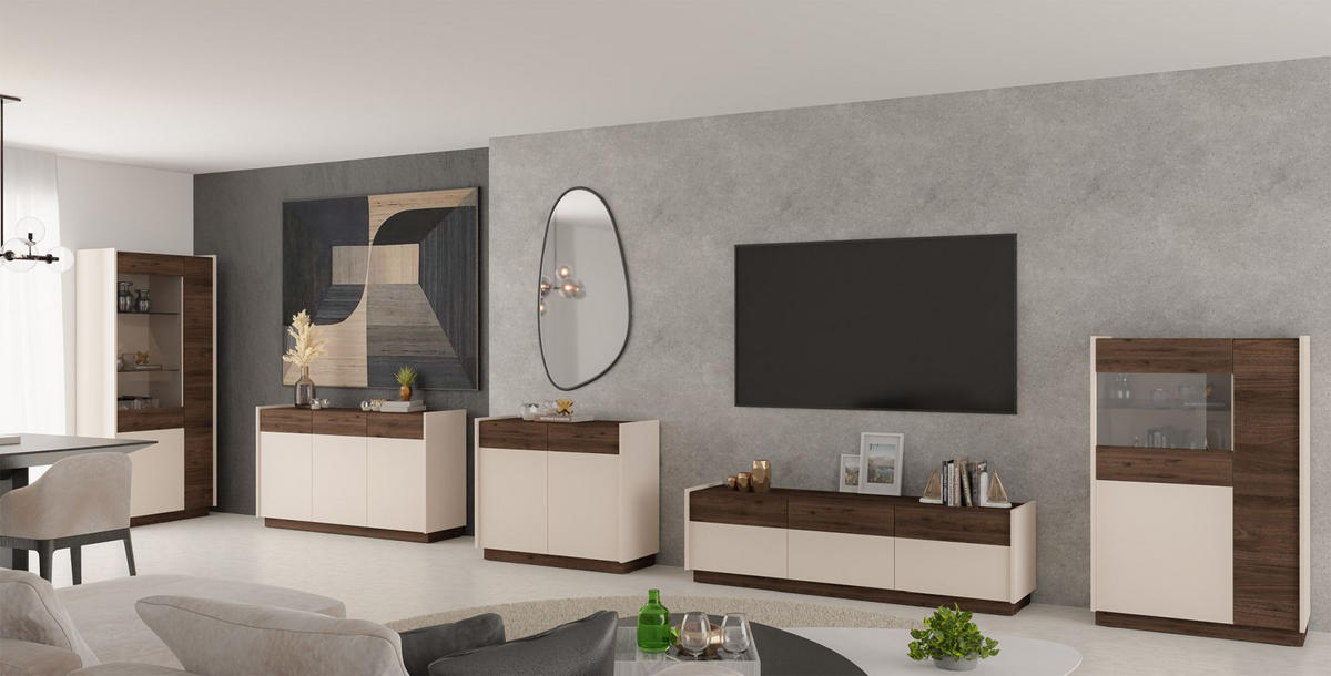VITRINE Kobbe Beige / Nussbaum 85 cm - Beige, Holzwerkstoff (85.4/130/40cm) - Selsey
