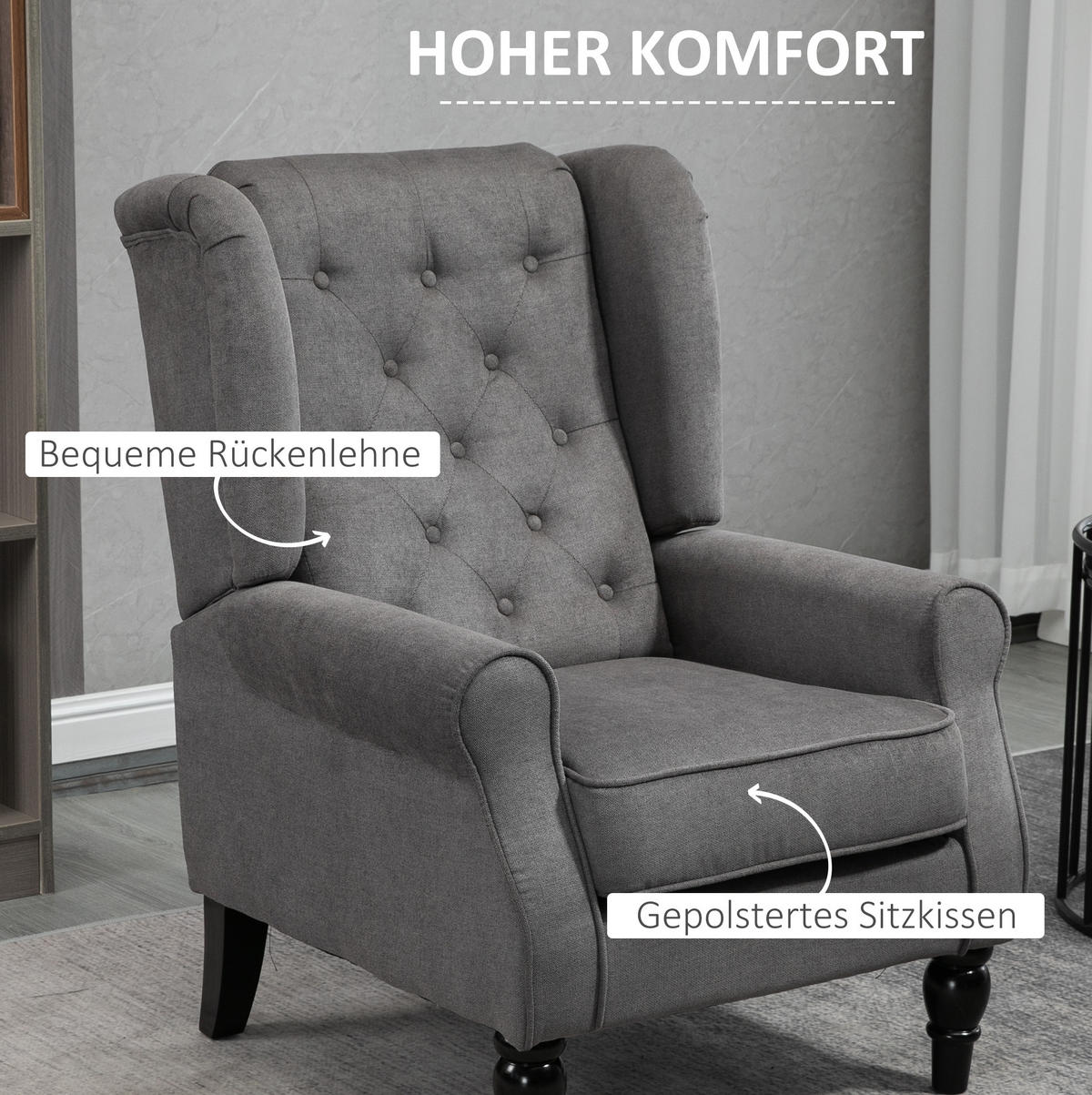 OHRENSESSEL Polyester mit Knopfheftung, Holzfüßen 74/86/102 cm Dunkelgrau - Dunkelgrau, Textil (86/102/74cm) - Redom