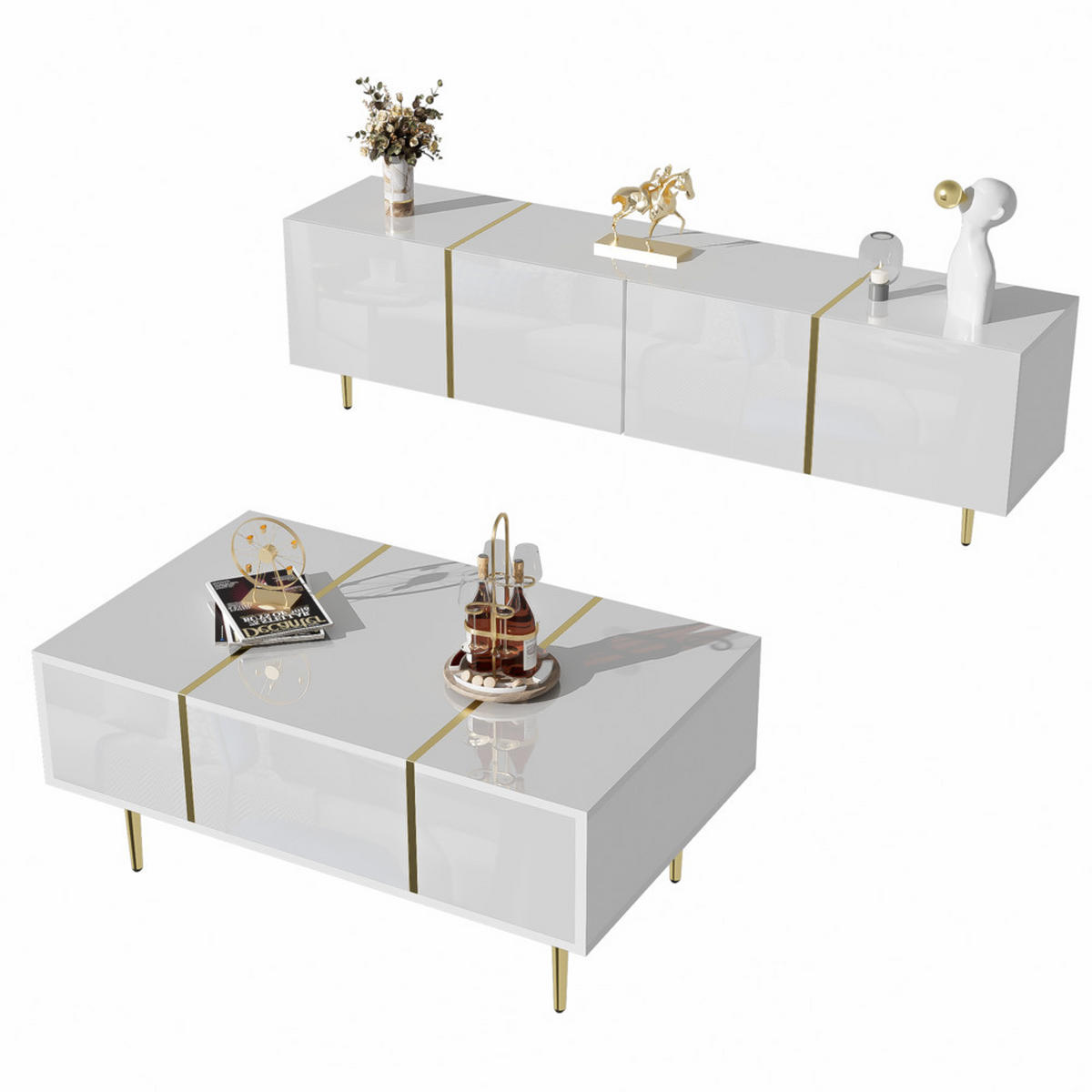 TV-SCHRANK SET Modern Hochglanzweiß mit Couchtisch - Weiß, Holz (69.6/14.99/112.4cm) - FLIEKS