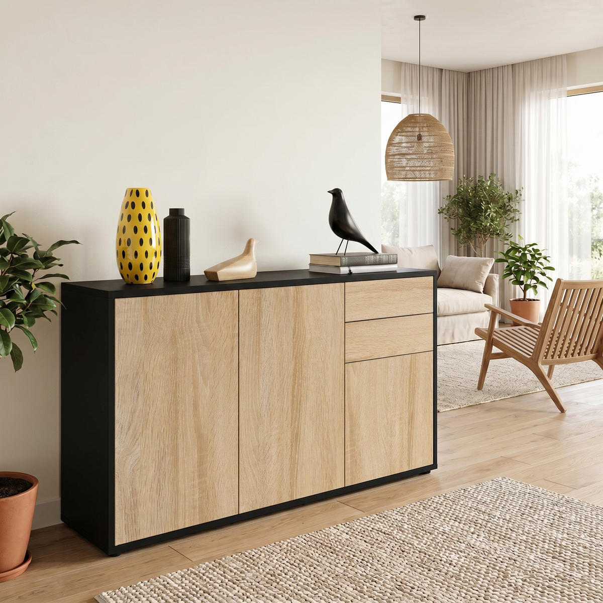 KOMODA Ben V3 Crna mat/Hrast piljeni (117 x 74 x 36 cm) - hrast San Remo, drvni materijal (117/74/36cm) - Vladon