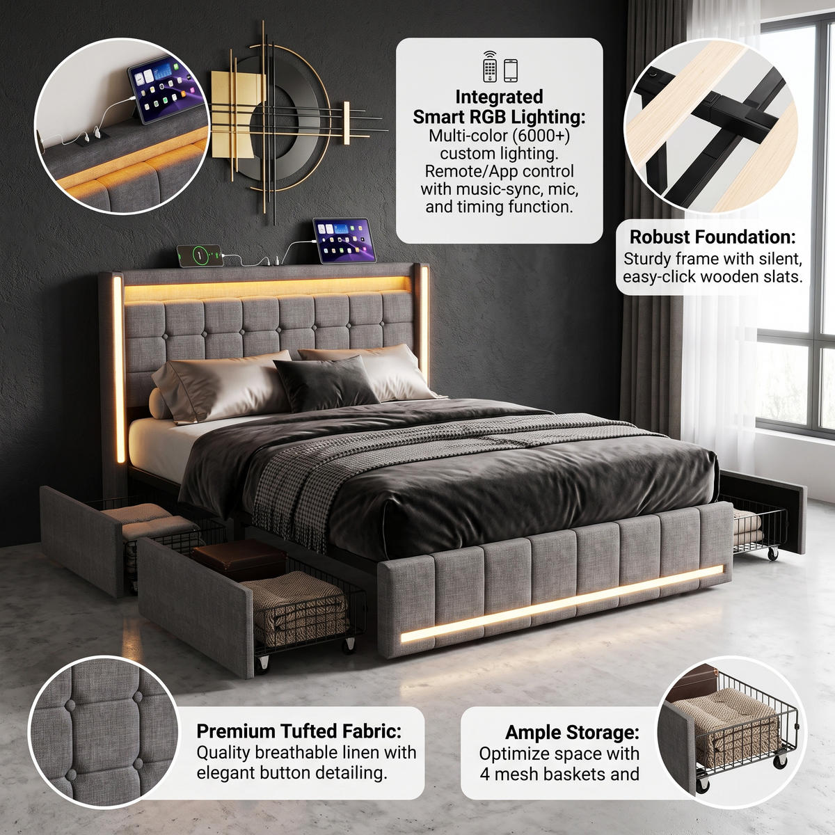 POLSTERBETT Geometrisch 140/200 cm mit 4 Schubladen & App-LED Leinenoptik Grau - Grau, Textil (140/200cm) - Creahappy