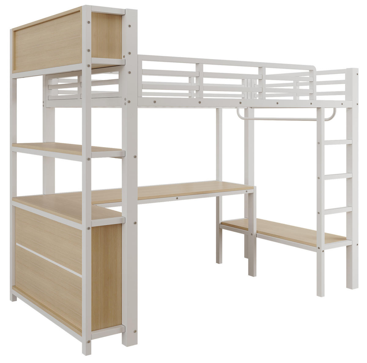 HOCHBETT Metall & MDF 90x200 cm Weiß mit Schreibtisch, Regalen und Kleiderstange - Weiß, Holzwerkstoff (90/200cm) - Modfu