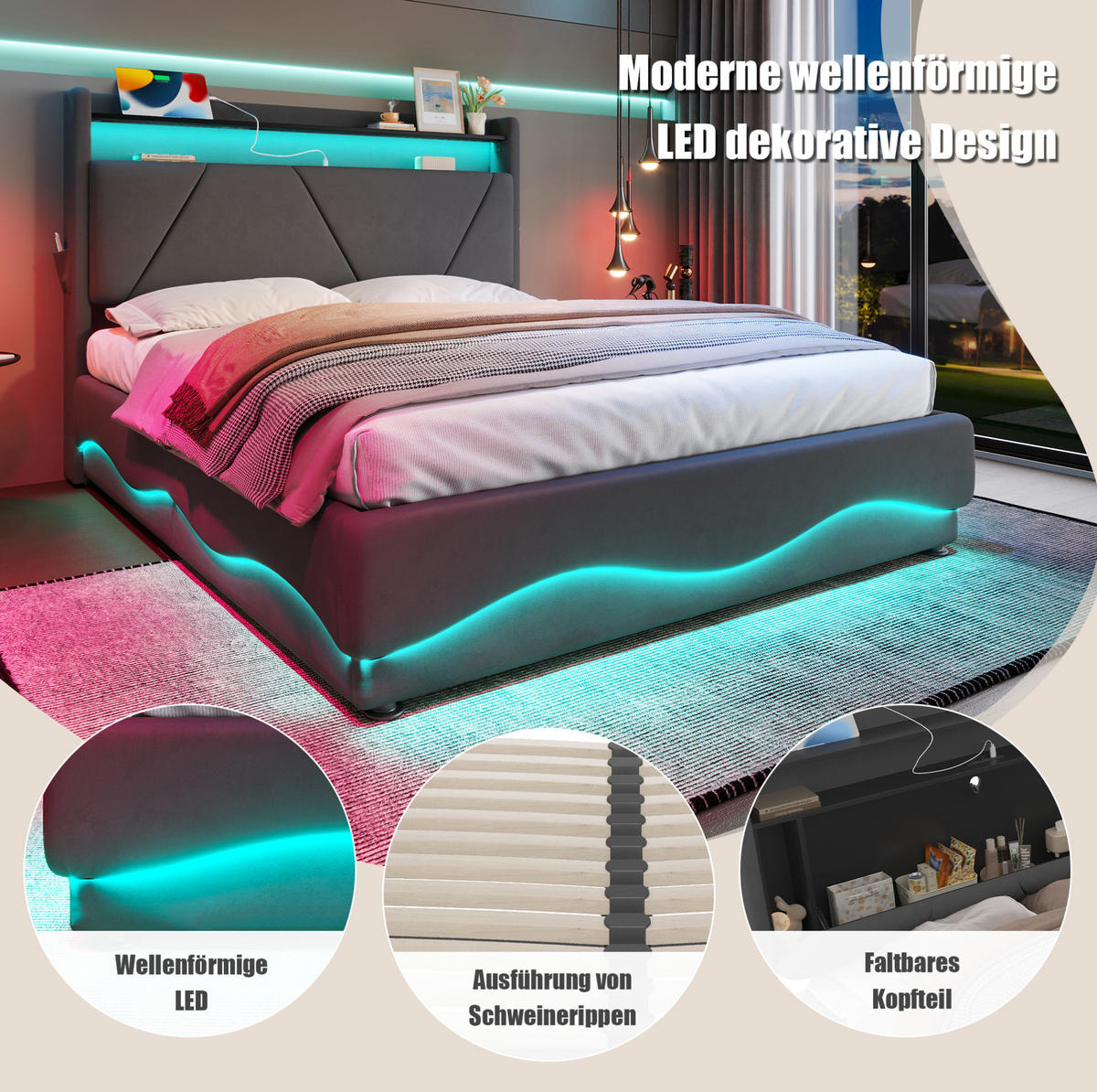 POLSTERBETT 140/200 cm aus Samt mit LED-Kopfteil und Stauraum Dunkelgrau - Dunkelgrau, Textil (140/200cm) - Modenvie