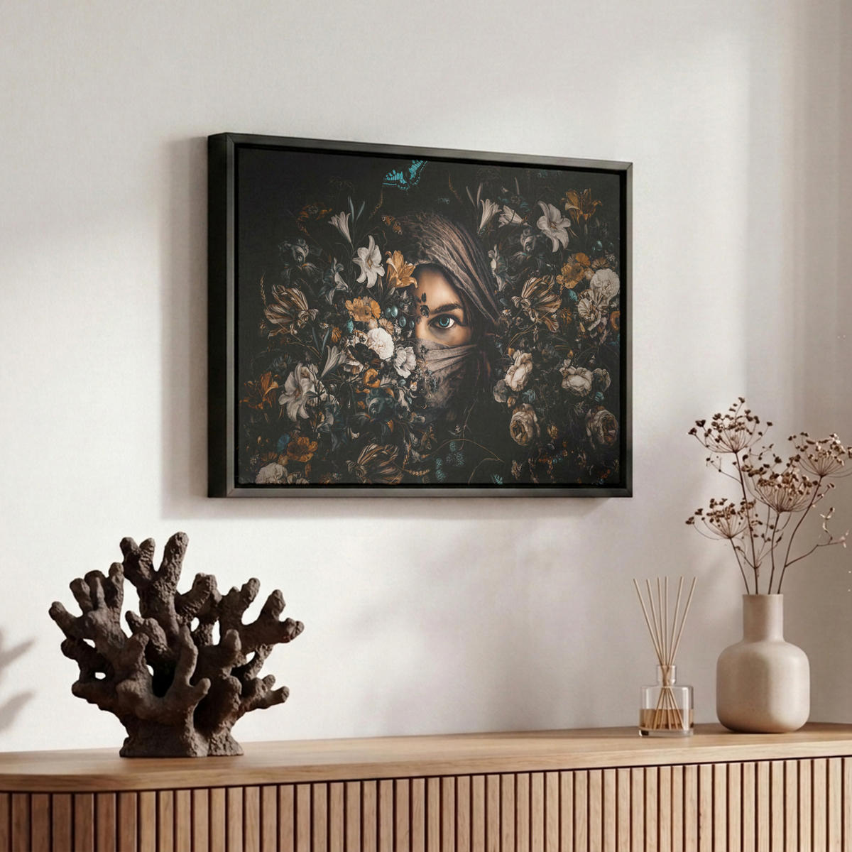 LEINWAND Bilder mit Rahmen - Frau - Luxus - Blumen - Schmetterling - Porträt - 30x20 - Schwarz, Textil (30/20cm) - MuchoWow