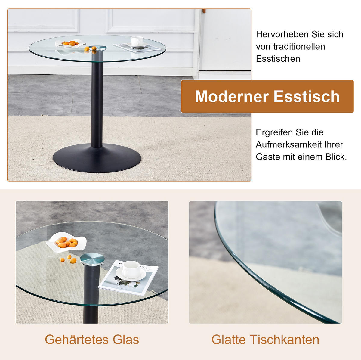 ESSZIMMERGRUPPE 5-tlg. rund Glas Schwarz Weiß - Schwarz, Metall (85/76/85cm) - Meubliv