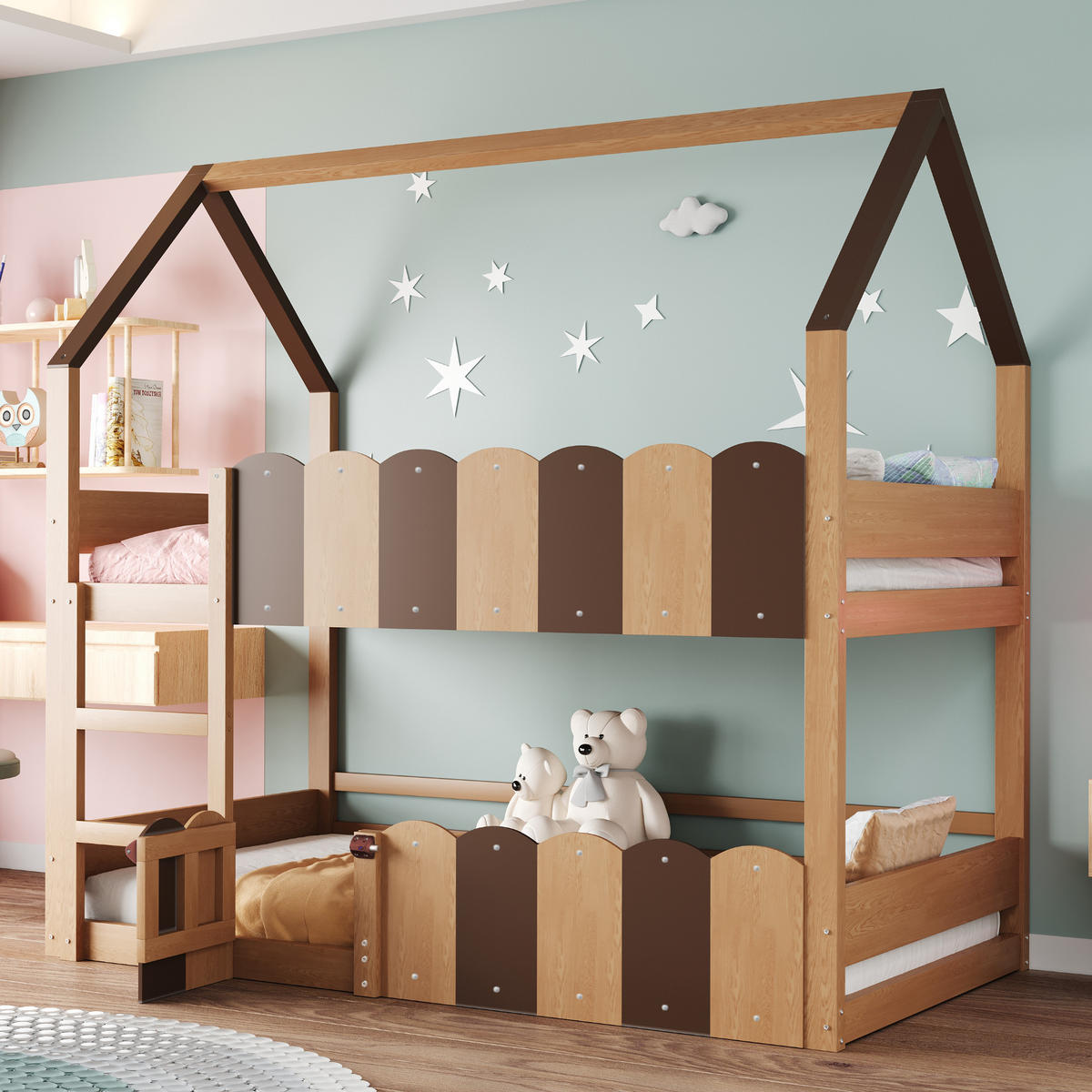ETAGENBETT 90/200 cm in Natur mit Hausdesign - Naturfarben, Holz/Holzwerkstoff (90/200cm) - WISHDOR