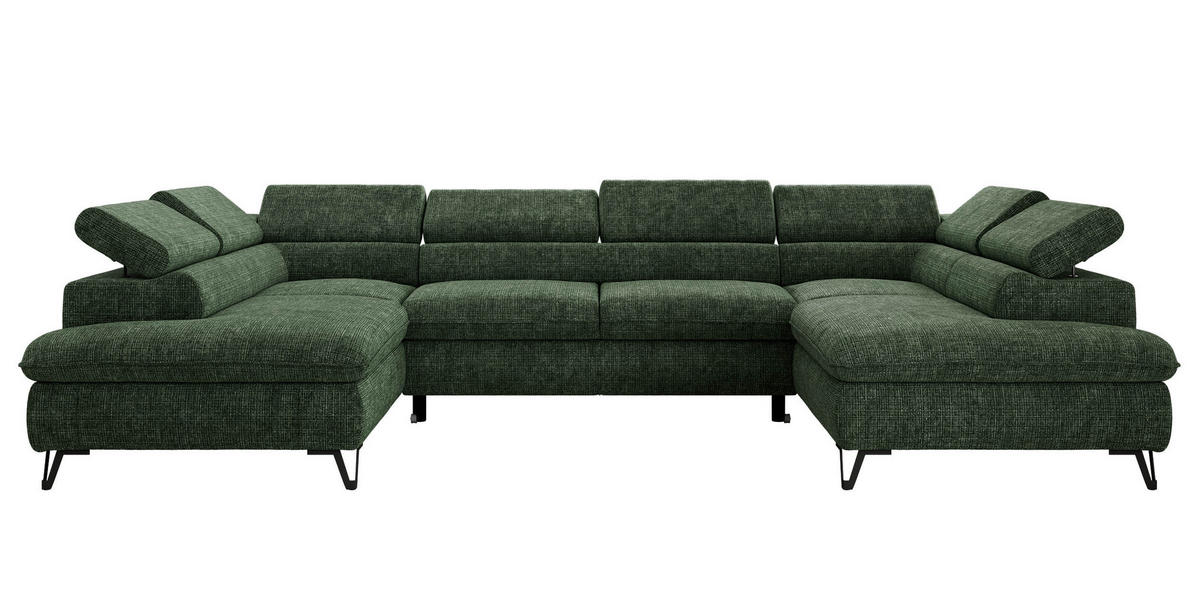 WOHNLANDSCHAFT PABLO U Schenille grob gewebt Dunkelgrün mit Topper Visco - Dunkelgrün/Schwarz, Textil/Metall (346/76/208cm) - MKS