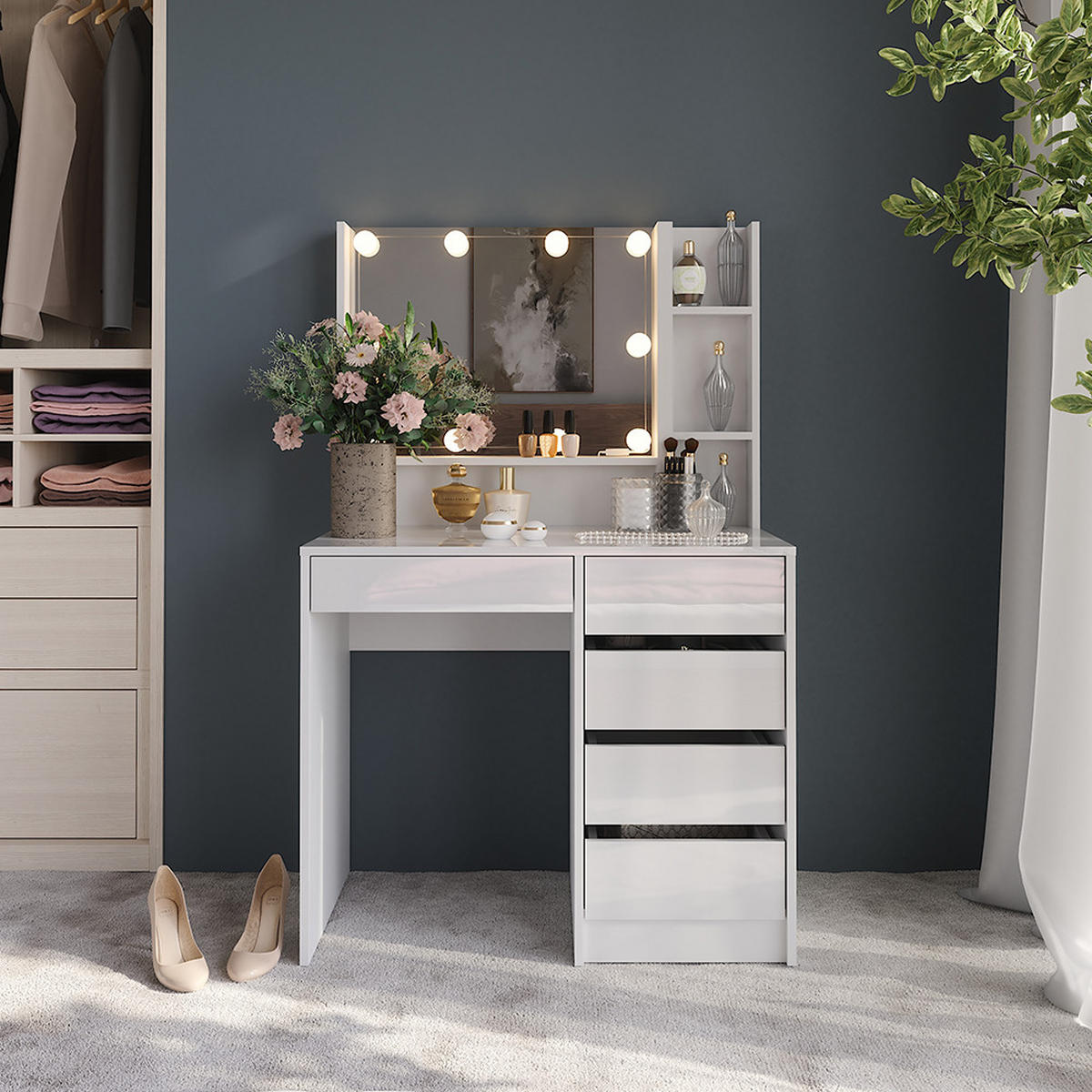 SCHMINKTISCH Sherry Weiß/Weiß Hochglanz 89.8 cm 4 Teile - Weiß Hochglanz, Holzwerkstoff (50.1cm) - Vicco