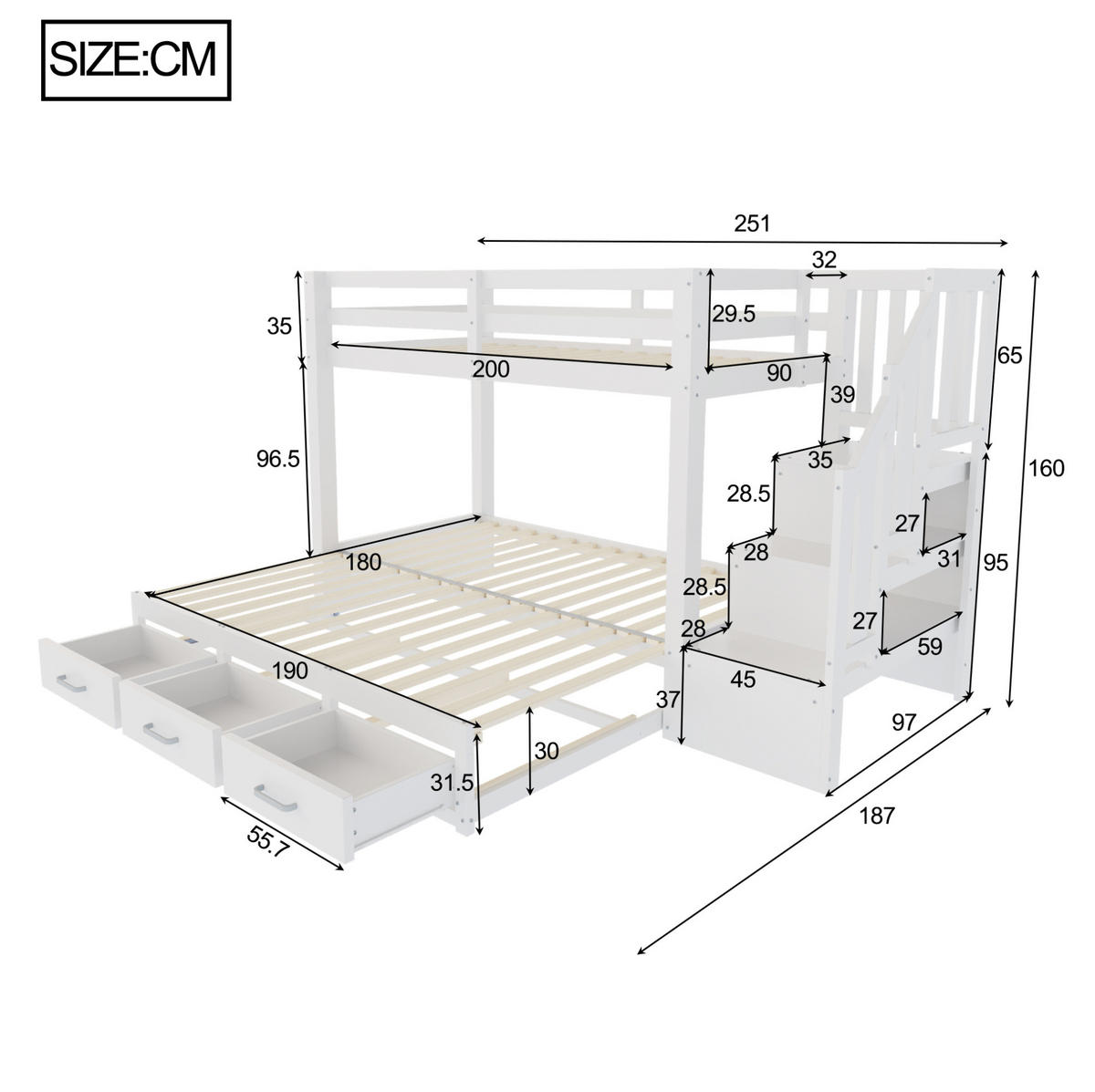 PATROVÁ postel 90/200 cm bílá z borovice a MDF s výsuvným lůžkem a úložnými schody - bílá, kompozitní dřevo (90/200cm) - OKWISH