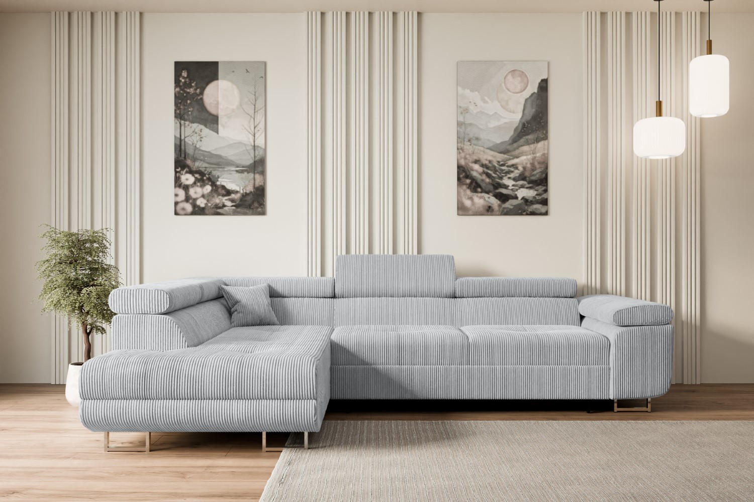 ECKSOFA mit Schlaffunktion und Bettkasten GUSA-L 272x202x107 cm Grau Cord - Silberfarben/Grau, Holzwerkstoff/Textil (202/272cm) - ALTDECOR