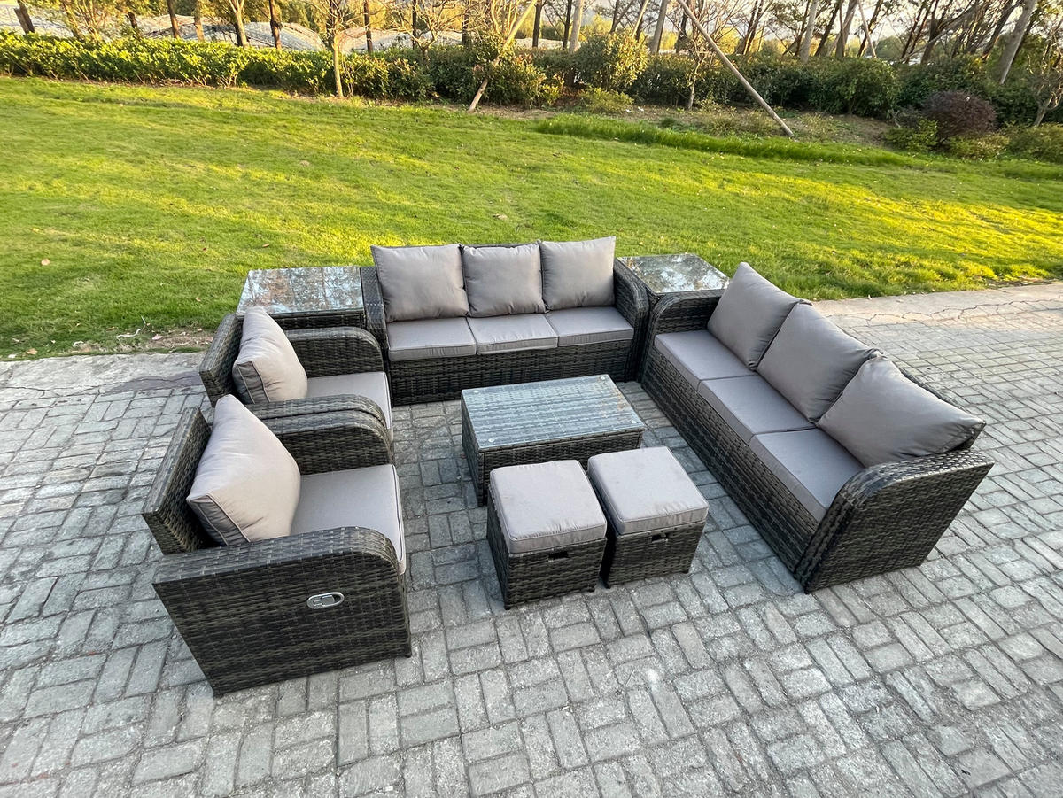 GARTENMÖBEL-SET mit Kissen Polyrattan Dunkelgrau 10-Sitzer - Dunkelgrau/Grau, Glas/Kunststoff - Fimous