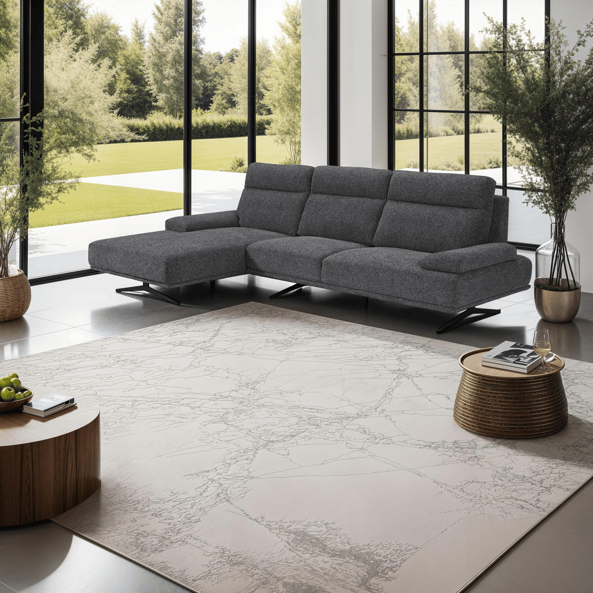 ECKSOFA Webstoff Grau - Schwarz/Grau, Textil/Metall (304/176cm) - Furnhouse