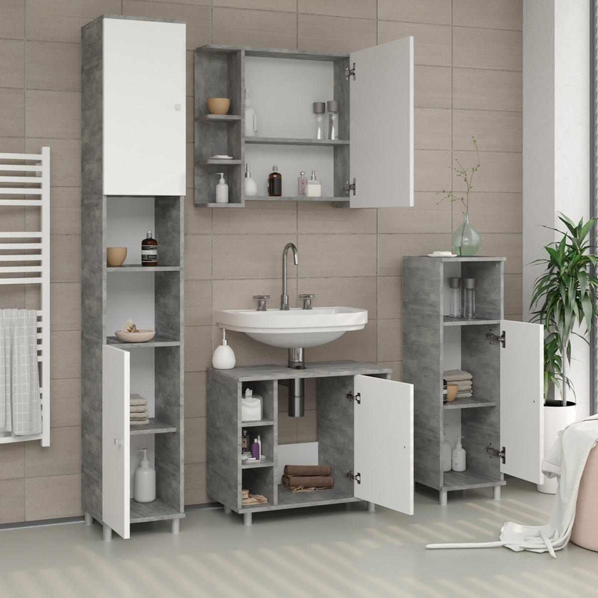 MIDISCHRANK Fynn Beton 30 x 95 cm - Weiß/Grau, Holzwerkstoff (30/95/30cm) - Vicco