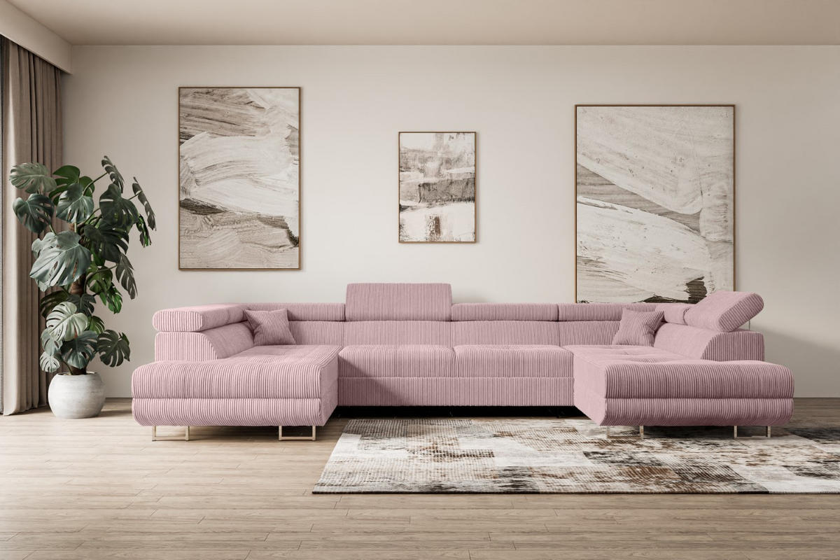 WOHNLANDSCHAFT mit Schlaffunktion und Bettkasten GUSA-U 342x202x107 cm Rosa Cord - Silberfarben/Rosa, Holzwerkstoff/Textil (342/107/202cm) - ALTDECOR