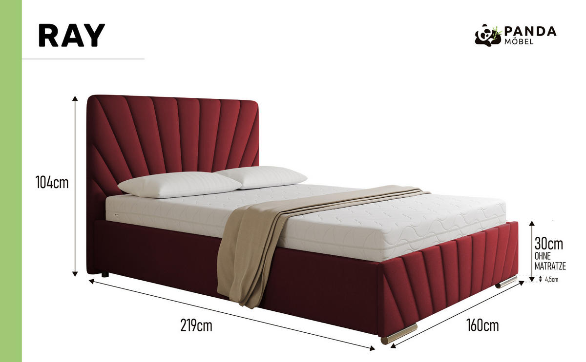 POLSTERBETT Ray 140 x 200 cm mit Bettkasten und Lattenrost taschenfederkernmatratze 19cm- rot - Rot, Holz (140/200cm) - Panda Möbel