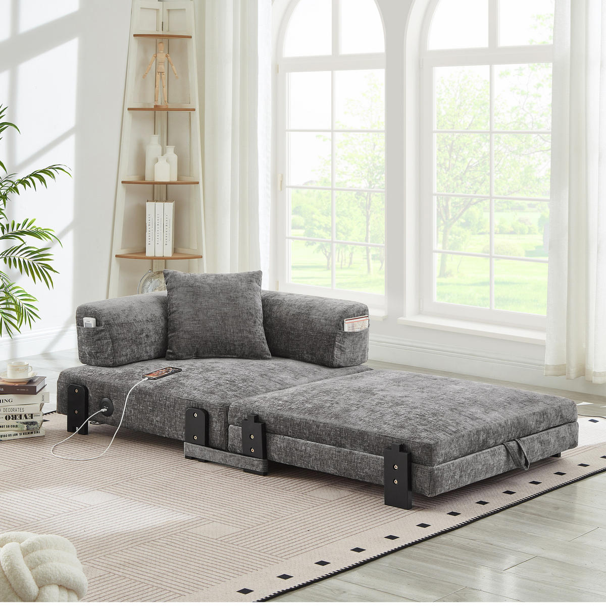 SCHLAFSOFA 2-in-1 mit USB- und Type-C-Anschluss, Stauraum und Seitentaschen, Dunkelgrau - Dunkelgrau, Textil (84/48/170.5cm) - Redom