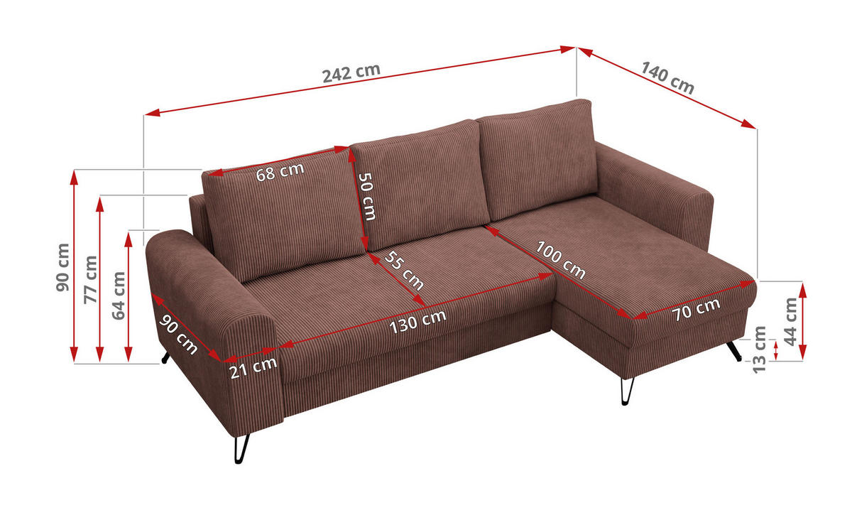 ECKSOFA Hugo Cord Braun - Schwarz/Braun, Textil/Metall (242/140cm) - MKS