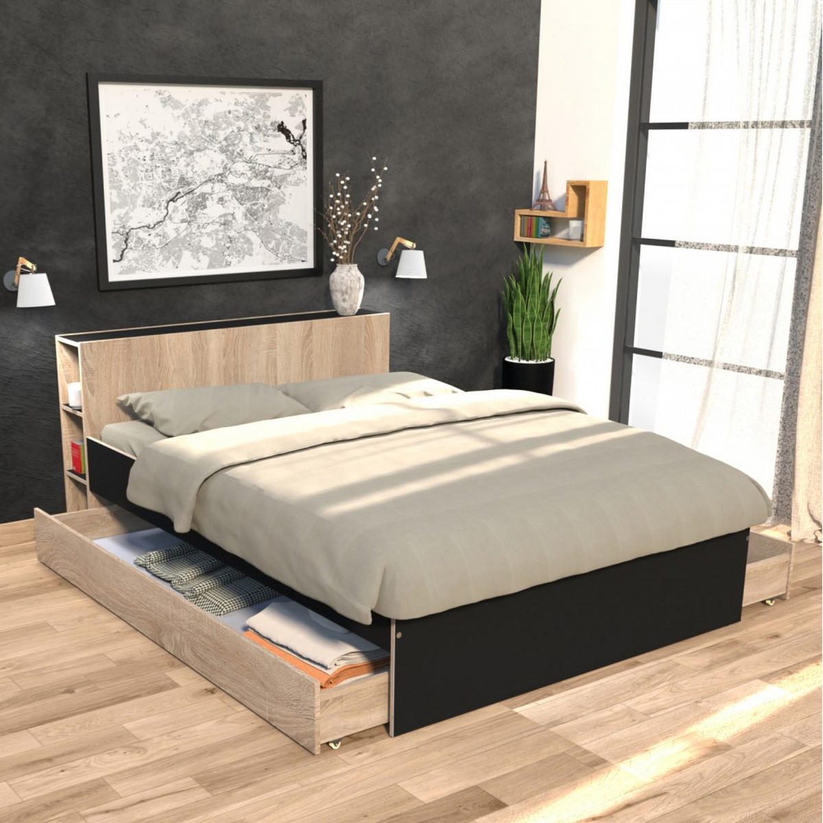 BETT RIGA MIT SCHUBLADEN/ Bett 140x190 - Schwarz und Gebleichte Eiche Dekor - Schwarz, Holzwerkstoff (140/190cm) - Weber Industries