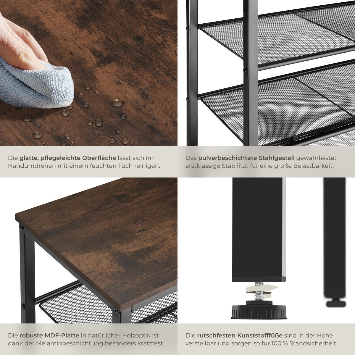 SCHUHREGAL Portsmouth,100 x 30,5 x 72,5 cm,Industrial Holz dunkel, rustikal - Rostfarben, Metall (30.5/72.5/100cm) - tectake