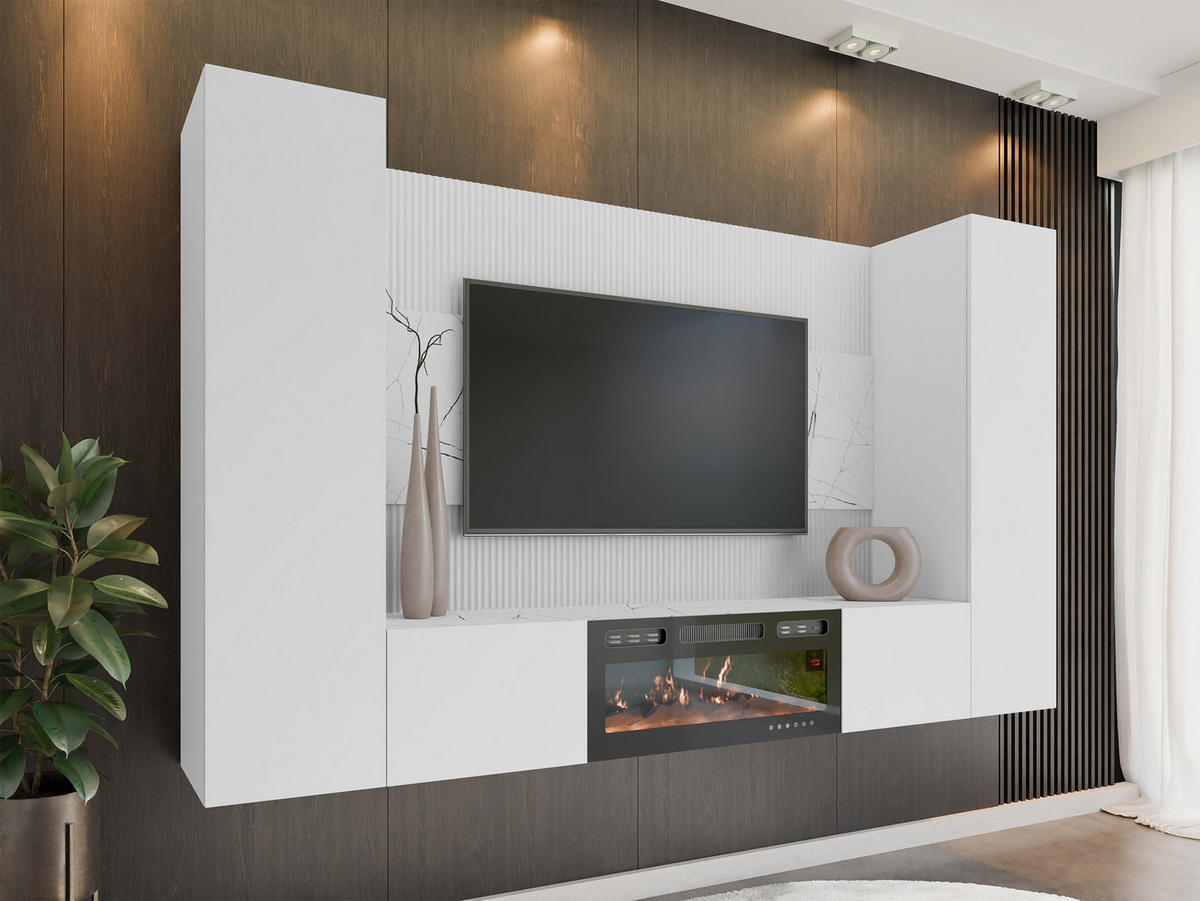 WOHNWAND Deromi V mit Kamin - Weiß, Holzwerkstoff (260/150/38cm) - MIRJAN24