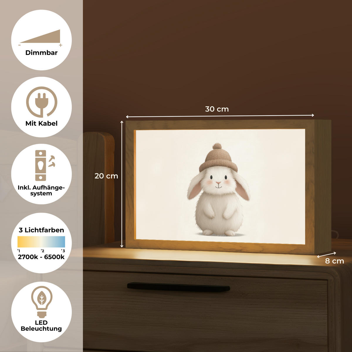 NACHTTISCHLAMPE Kaninchen - Hut - Ohren - Beige 30x20 cm - Creme, Holzwerkstoff (8/30/20cm)