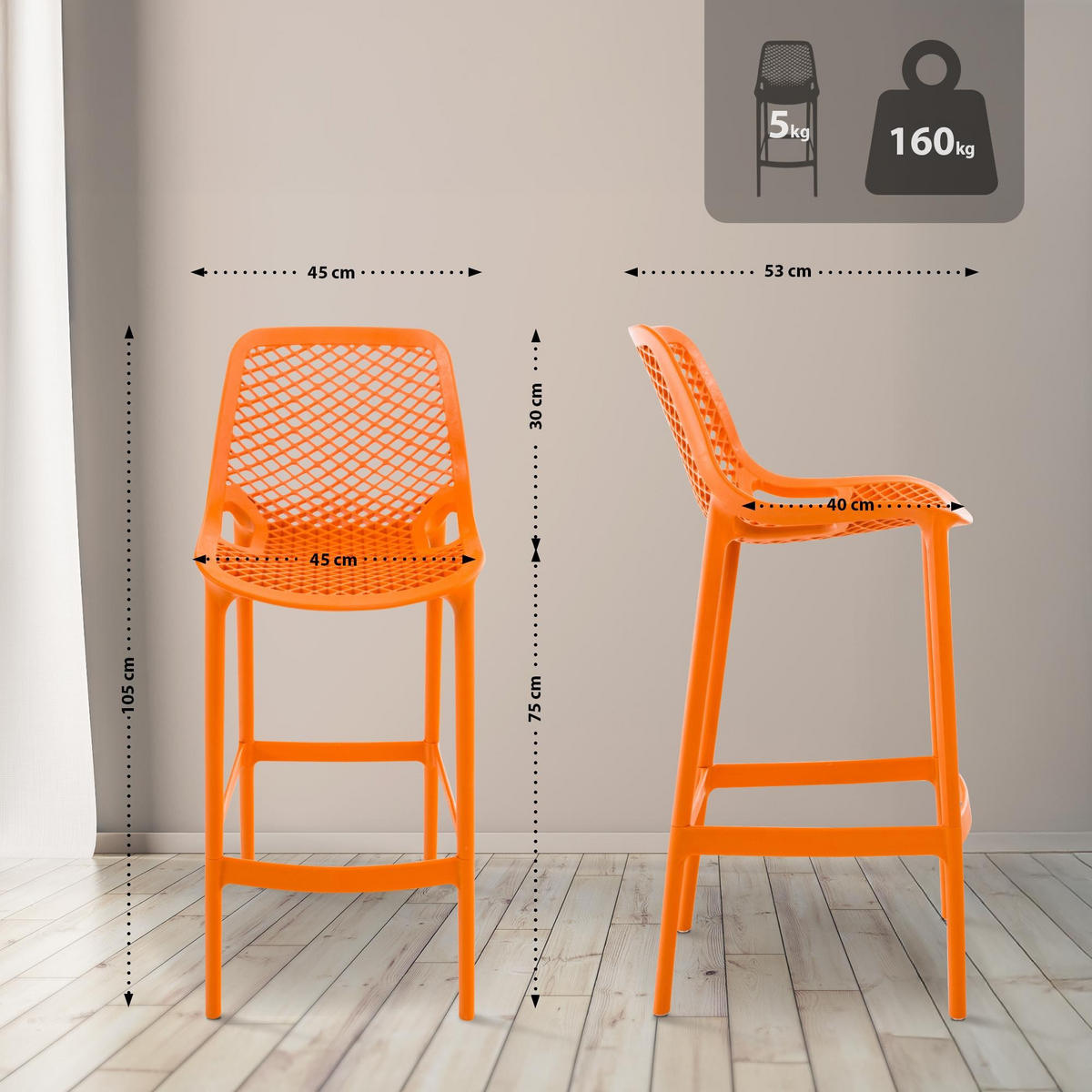 OUTDOOR Barhocker Air 45x53x105 cm orange - Orange, Kunststoff (45/105/53cm) - furnicato