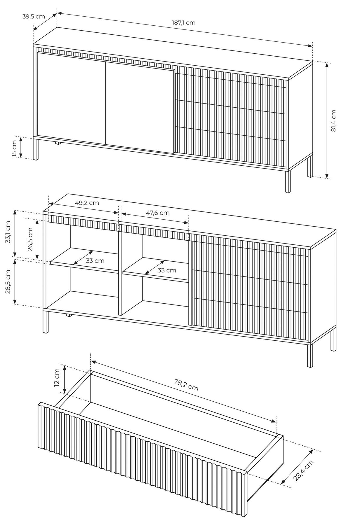 ​KOMMODE SENSO 2D3S, Geriffelte MDF-Fronten, Push-to-Open, Metallfüße, 187x81,4x39,5 cm - Schwarz - Schwarz, Holz/Holzwerkstoff (187/82/40cm) - DomoHome