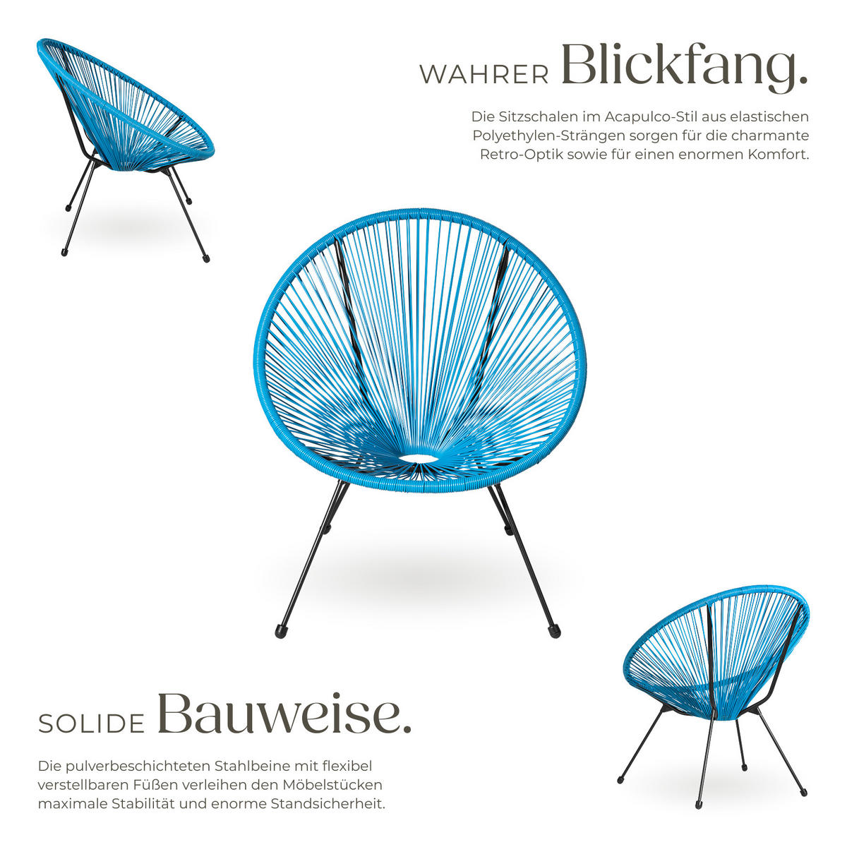 GARTENSTUHL 2er Set Santana mit Tisch, Belastbarkeit Stuhl 120 kg, blau - Blau, Kunststoff - tectake