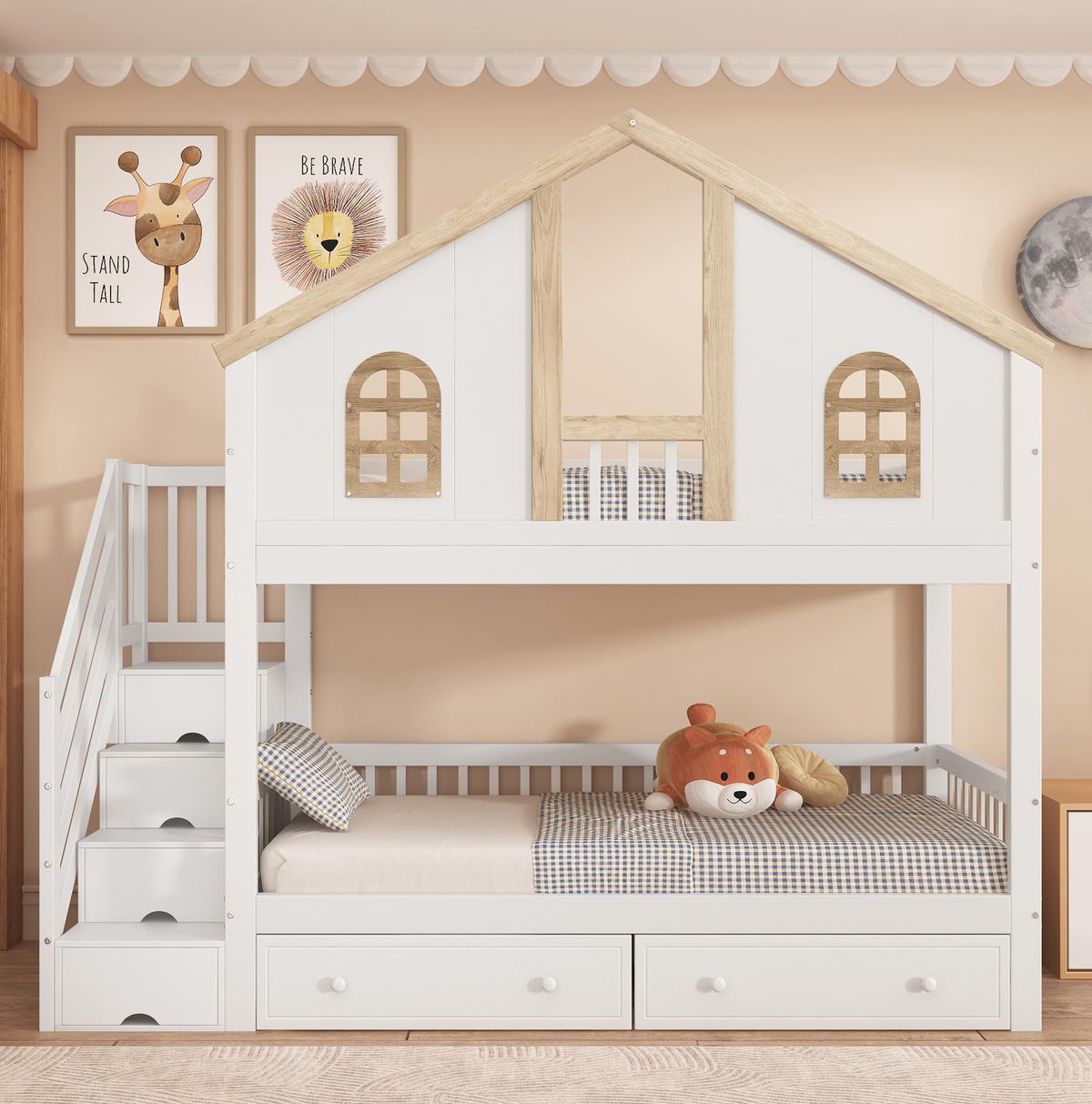 ETAGENBETT aus Kiefernholz und MDF 90x200 cm Weiß/Natur mit Stauraumtreppe und Schubladen - Weiß, Holzwerkstoff (90/200cm) - IVMEU