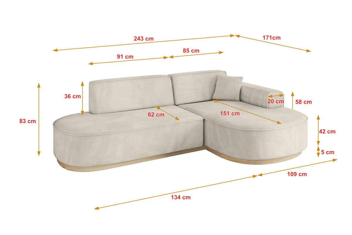 ECKSOFA Ottomane Rechts MARI-L1-v1 - 243x171x83 cm Ecru Velours - Ecru, Holzwerkstoff/Textil (171/243cm) - ALTDECOR