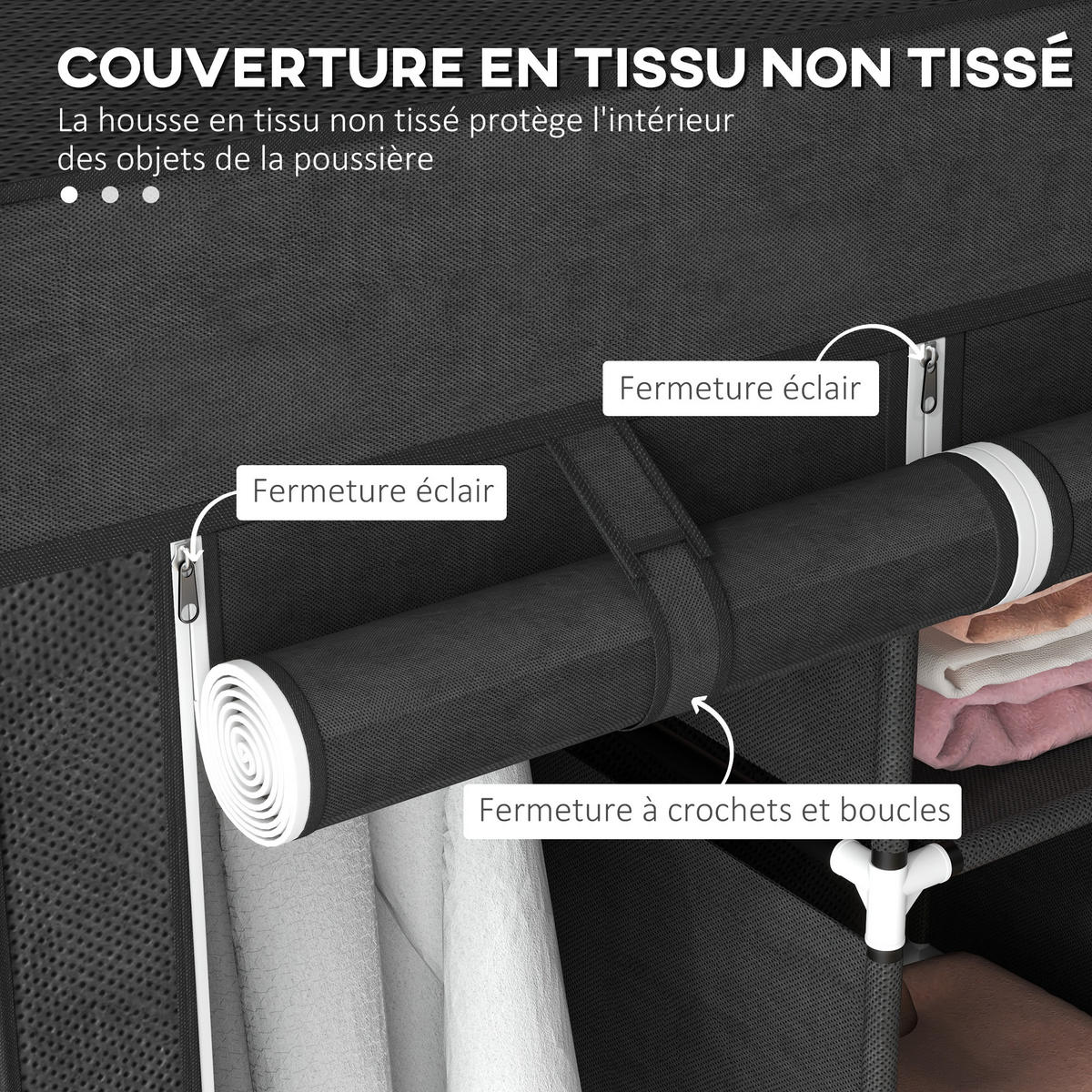 STOFFSCHRANK DE-17188 - Schwarz, Textil (43/162.5/125cm) - ComfortXL