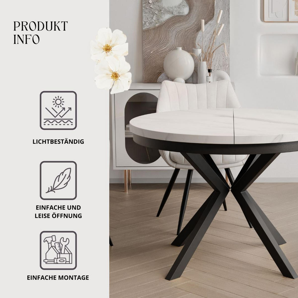 AUSZIEHTISCH MILTON 120-196/76 cm mit Metallgestell und Zarge, Schwarz / Bianco Marmor - Perlmutt/Schwarz, Holzwerkstoff/Metall (120/120/76cm) - Idohome