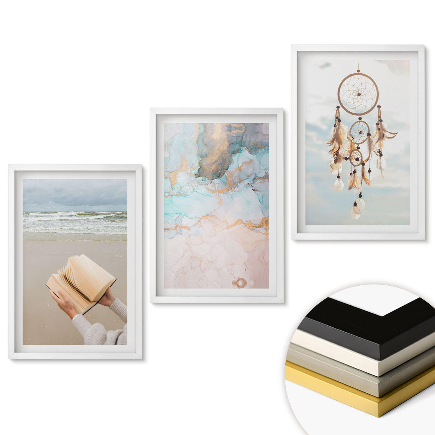 WANDBILDER 3er-Set - 40x60 cm Weißer Rahmen - Abstraktes Meeresbuch Boho - Weiß, Kunststoff (40/60cm) - ArtPrintCave