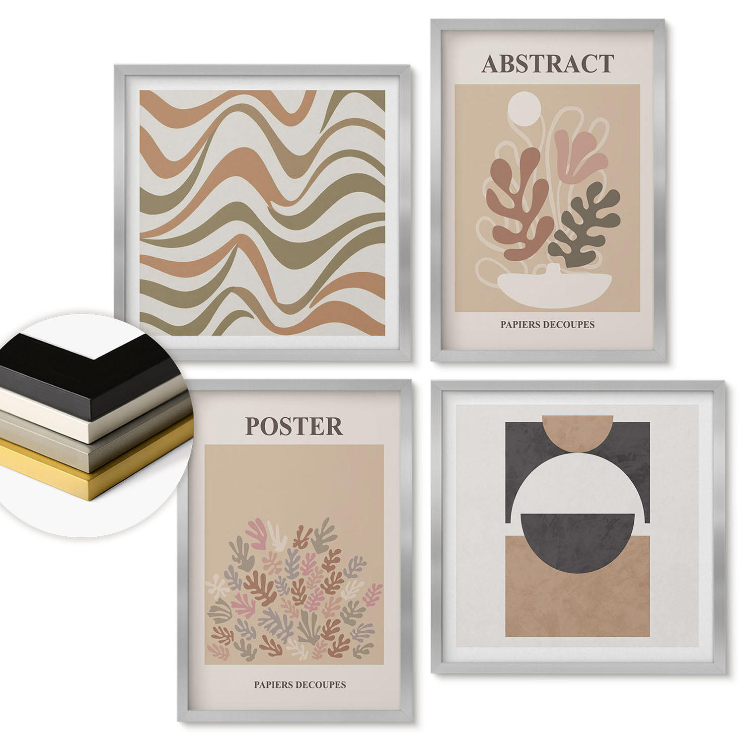 WANDBILDER 4er Set - 50x50 cm & 40x60 cm Silberner Rahmen - Abstrakte Formenmuster - Silberfarben, Kunststoff (50/50cm) - ArtPrintCave