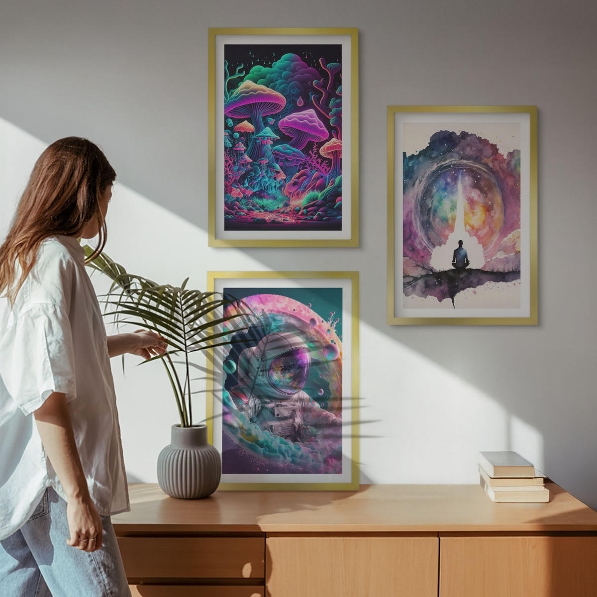 BILDER SET 3er Set - 40x60 cm Goldrahmen - Farbenfrohe Fantasy-Kunstillustrationen - Goldfarben, Kunststoff (40/60cm) - TULUP