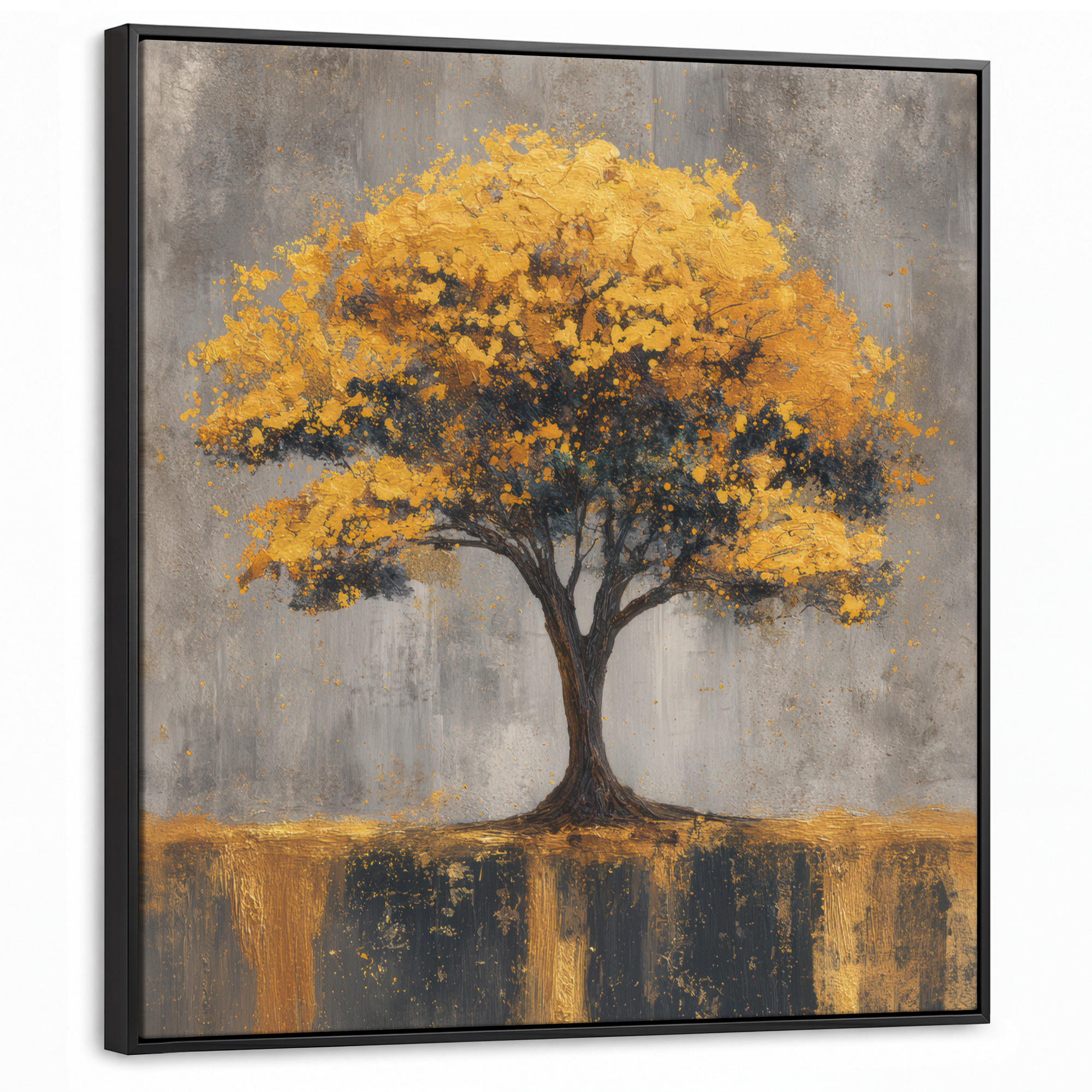 LEINWAND Bilder mit Rahmen - Baum - Blätter - Gold - Abstrakt - 90x90 - Grau, Textil (90/90cm) - MuchoWow