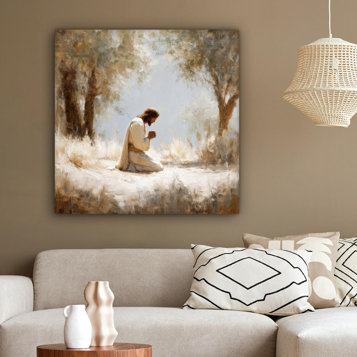 LEINWANDBILD Jesus - Kniend - Waldlandschaft - Betend Deko Groß 90x90 cm - Beige/Hellblau, Textil (90/90cm) - MuchoWow