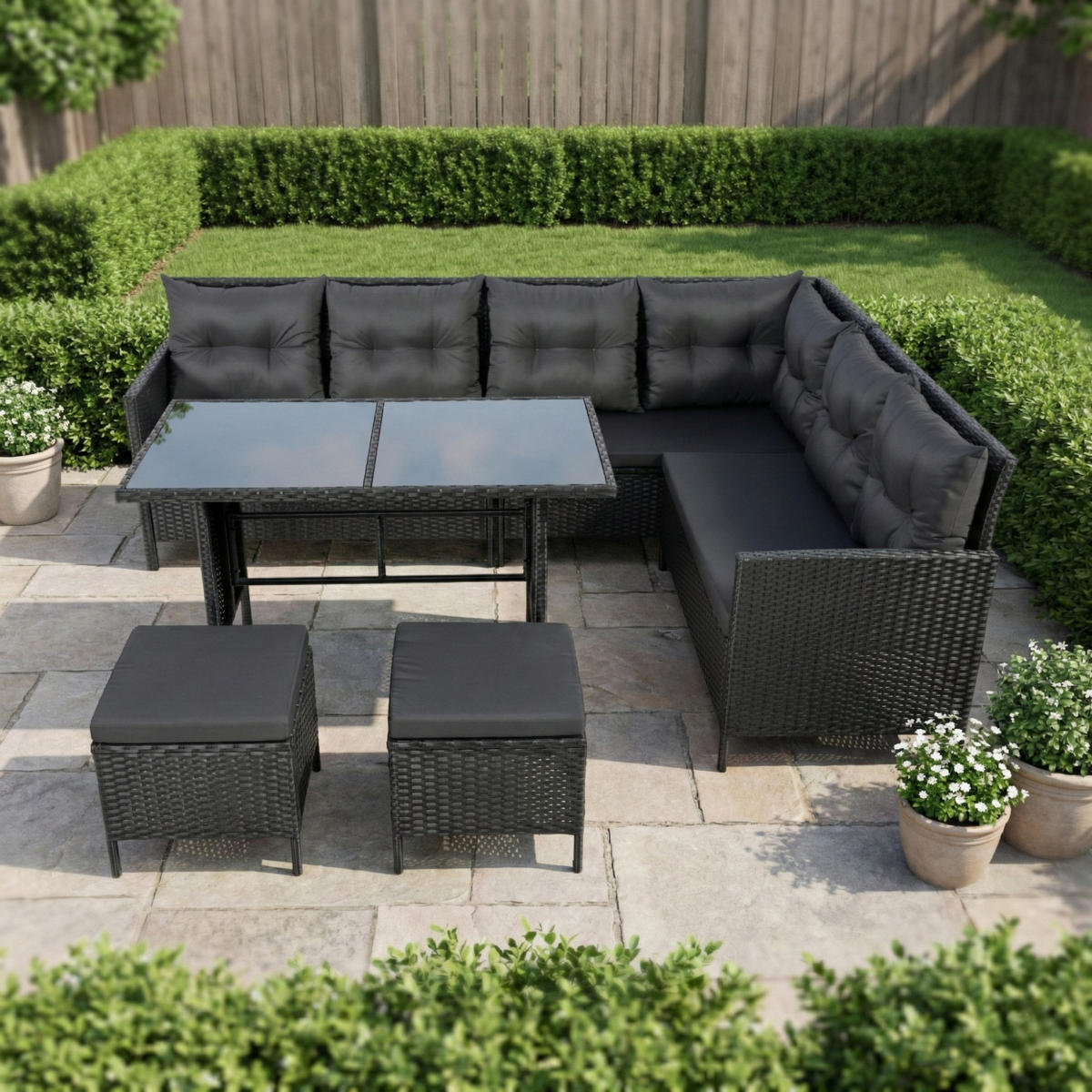 GARTENMÖBEL-SET mit Ecksofa und Esstisch in schwarze Kissen - Schwarz, Metall - Home Collective