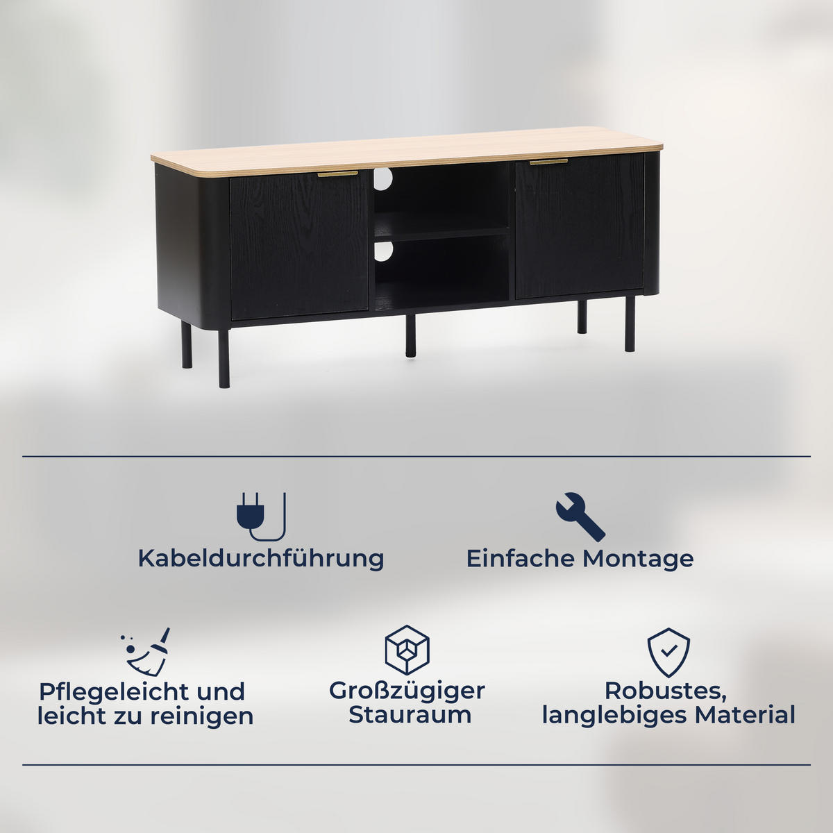 LOWBOARD TV-Schrank Modern, Schwarz & Holz | B120 x T40 x H52 cm - Schwarz, Holzwerkstoff (120/52/40cm) - Hometopia